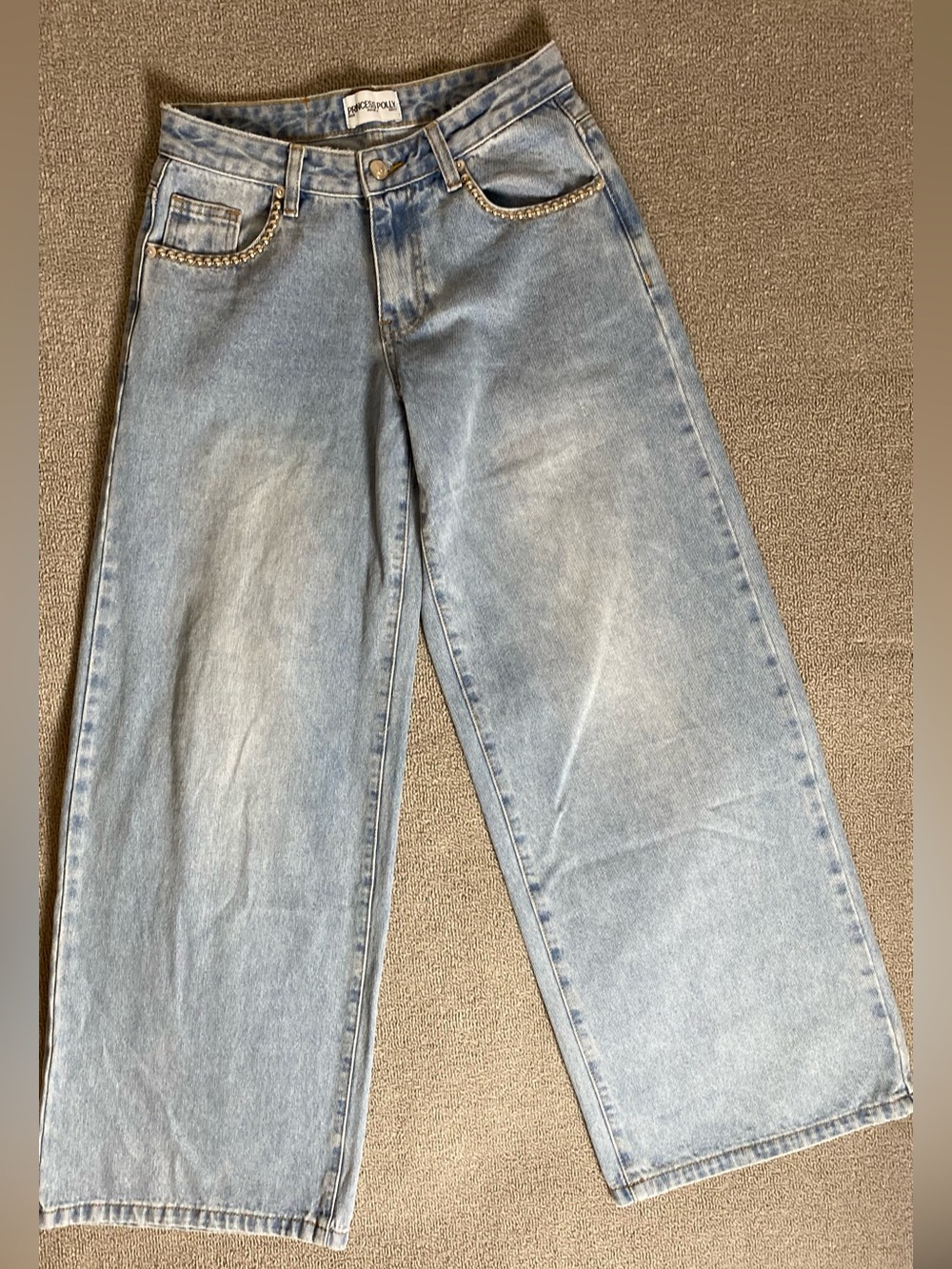 Princess Polly Women’s Wide Leg Studded Low Rise Cotton Jeans- Streetwear Baggy